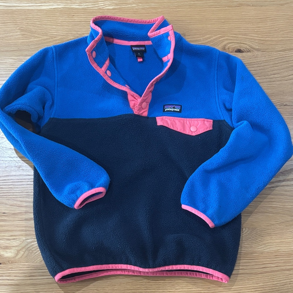 Patagonia Blue and Pink Snap-T Fleece Synchilla 7-8 S Girls Kids Fleece